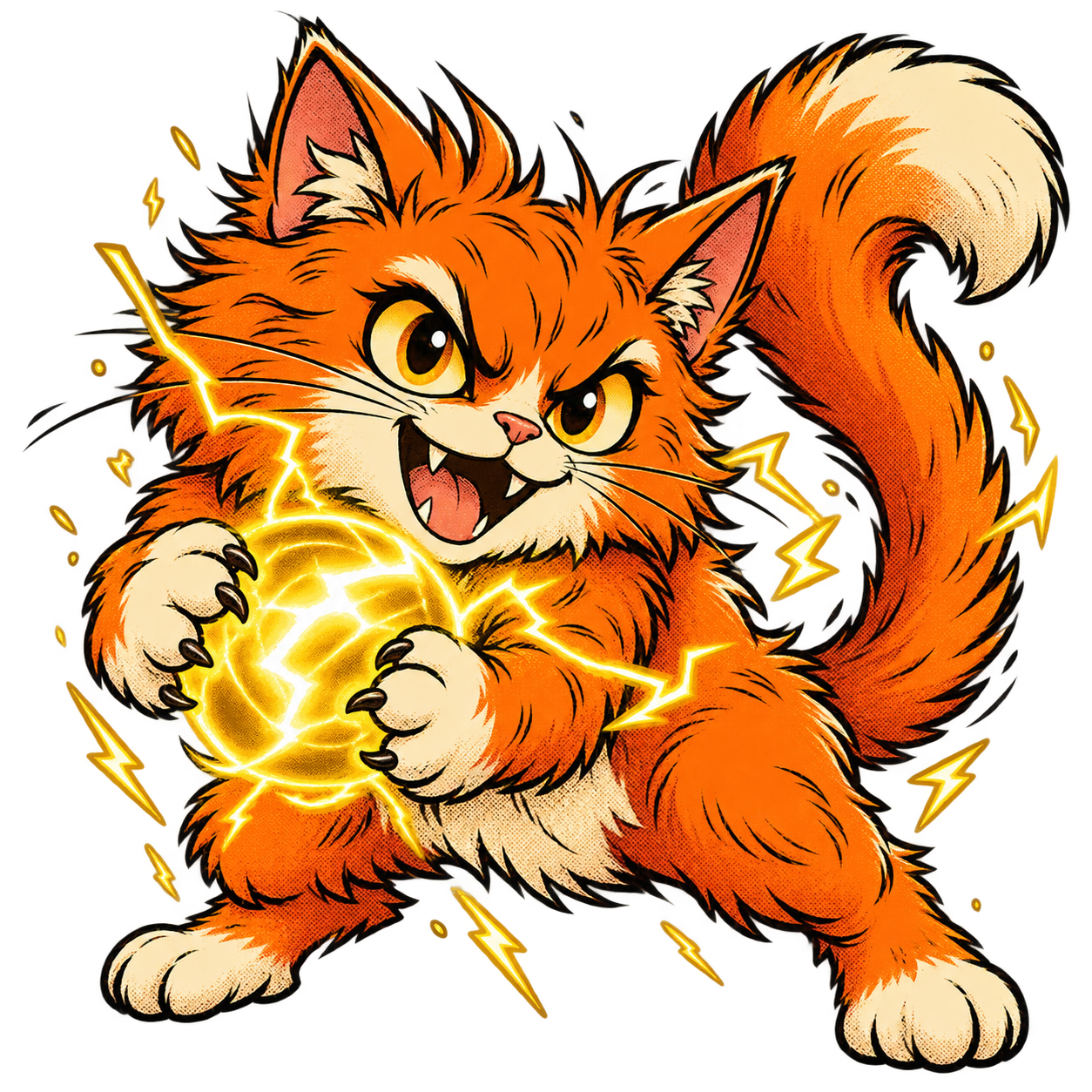 An original hand-drawn electric orange cat holding a glowing energy orb